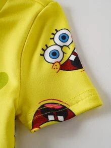 SpongeBob SquarePants | SHEIN Baby Boy Cartoon Print Short Sleeve Top And Shorts Snug Fit Pajama Set, Summer - Yellow - View 5