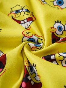 SpongeBob SquarePants | SHEIN Baby Boy Cartoon Print Short Sleeve Top And Shorts Snug Fit Pajama Set, Summer - Yellow - View 7
