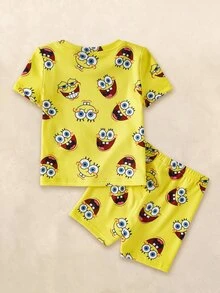 SpongeBob SquarePants | SHEIN Baby Boy Cartoon Print Short Sleeve Top And Shorts Snug Fit Pajama Set, Summer - Yellow - View 2