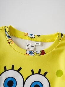SpongeBob SquarePants | SHEIN Baby Boy Cartoon Print Short Sleeve Top And Shorts Snug Fit Pajama Set, Summer - Yellow - View 3