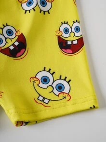 SpongeBob SquarePants | SHEIN Baby Boy Cartoon Print Short Sleeve Top And Shorts Snug Fit Pajama Set, Summer - Yellow - View 6