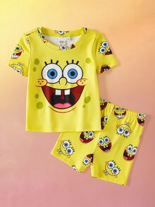 SpongeBob SquarePants | SHEIN Baby Boy Cartoon Print Short Sleeve Top And Shorts Snug Fit Pajama Set, Summer - Yellow - View 8