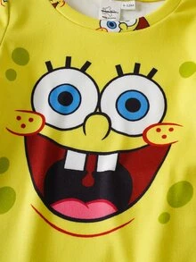 SpongeBob SquarePants | SHEIN Baby Boy Cartoon Print Short Sleeve Top And Shorts Snug Fit Pajama Set, Summer - Yellow - View 4