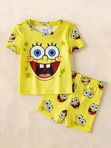SpongeBob SquarePants | SHEIN Baby Boy Cartoon Print Short Sleeve Top And Shorts Snug Fit Pajama Set, Summer - Yellow - View 1