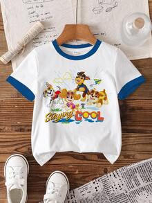 SHEIN | PAW Patrol Young Boy Contrast Trim Crew Neck Cartoon Print Casual Daily Short Sleeve T-Shirt - White - View 7