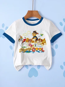 SHEIN | PAW Patrol Young Boy Contrast Trim Crew Neck Cartoon Print Casual Daily Short Sleeve T-Shirt - White - View 1