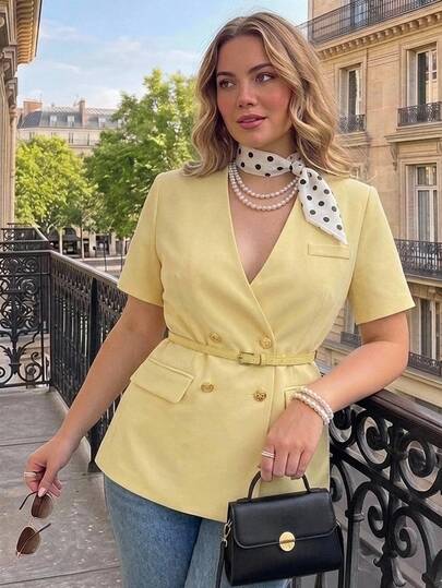 SHEIN MOD Plus Size Autumn Yellow Silhouette Blazer, Yellow Belt Waist-Cinching Design, Elegant Commuter, Young Lady