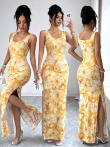 Selianne Exquisite Printed Chinoiserie Waist-Cinching Slit Luxurious Retro Middle Eastern UAE Style Robe, Tight Fit, Multi-Color, Sleeveless - Yellow - View 8