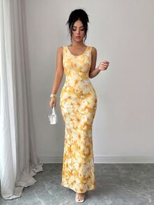 Selianne Exquisite Printed Chinoiserie Waist-Cinching Slit Luxurious Retro Middle Eastern UAE Style Robe, Tight Fit, Multi-Color, Sleeveless - Yellow - View 4