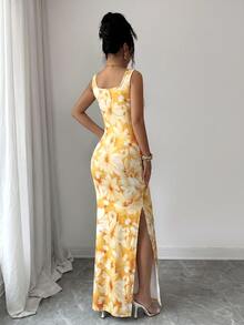 Selianne Exquisite Printed Chinoiserie Waist-Cinching Slit Luxurious Retro Middle Eastern UAE Style Robe, Tight Fit, Multi-Color, Sleeveless - Yellow - View 2