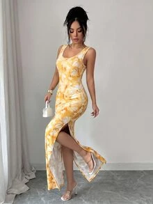 Selianne Exquisite Printed Chinoiserie Waist-Cinching Slit Luxurious Retro Middle Eastern UAE Style Robe, Tight Fit, Multi-Color, Sleeveless - Yellow - View 6