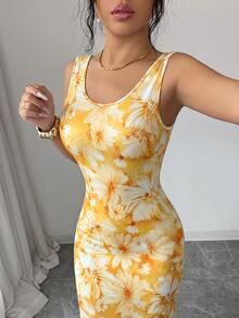 Selianne Exquisite Printed Chinoiserie Waist-Cinching Slit Luxurious Retro Middle Eastern UAE Style Robe, Tight Fit, Multi-Color, Sleeveless - Yellow - View 7