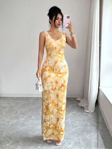 Selianne Exquisite Printed Chinoiserie Waist-Cinching Slit Luxurious Retro Middle Eastern UAE Style Robe, Tight Fit, Multi-Color, Sleeveless - Yellow - View 3