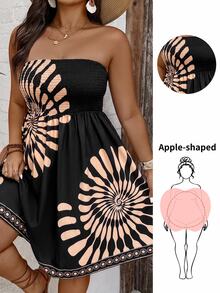 SHEIN VCAY Plus Size Women's Vacation Printed Shirred Bandeau Dress - Black - View 7