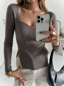 Cloudara Sweetheart Neck Split Hem Jumper - Mocha Brown - View 2