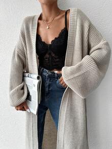 EURMUSE Drop Shoulder Open Front Longline Cardigan - Apricot - View 4