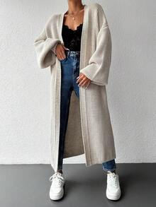 EURMUSE Drop Shoulder Open Front Longline Cardigan - Apricot - View 6
