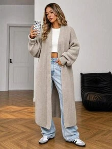 EURMUSE Drop Shoulder Open Front Longline Cardigan - Apricot - View 3