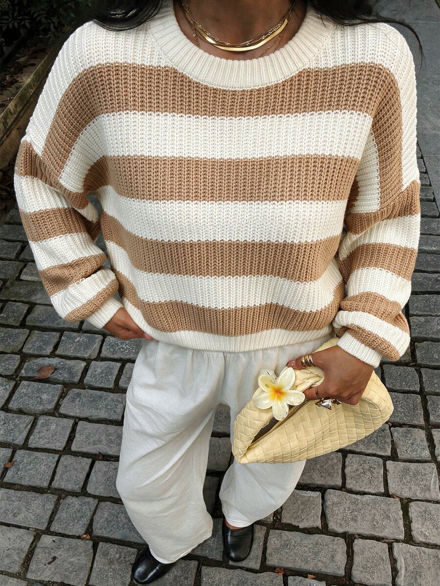 EURMUSE Women Stripe Pattern Rib Knit Chunky Sweater