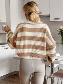 EURMUSE Women Stripe Pattern Rib Knit Chunky Sweater - Beige - View 3