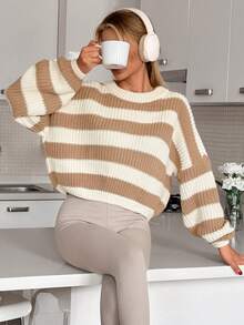 EURMUSE Women Stripe Pattern Rib Knit Chunky Sweater - Beige - View 9