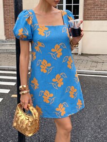 Selianne Women's Floral Print Square Neck Casual Daily Summer Dress - Baby Blue - View 5