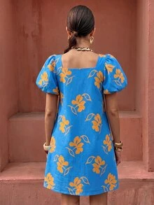 Selianne Women's Floral Print Square Neck Casual Daily Summer Dress - Baby Blue - View 2