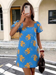 Selianne Women's Floral Print Square Neck Casual Daily Summer Dress - Baby Blue - View 3