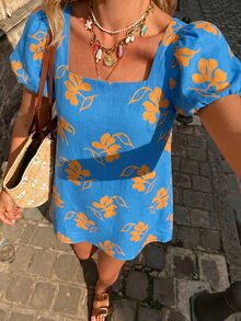 Selianne Women's Floral Print Square Neck Casual Daily Summer Dress - Baby Blue - View 1