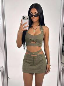 SHEIN X KeniaOs SHEIN ICON Criss Cross Waist Button Front Skirt - Army Green - View 5