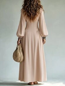 Omancia Women's Solid Color Lantern Sleeve Casual Vacation Dress - Apricot - View 2