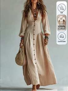 Omancia Women's Solid Color Lantern Sleeve Casual Vacation Dress - Apricot - View 3