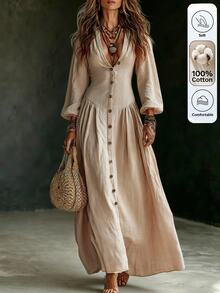Omancia Women's Solid Color Lantern Sleeve Casual Vacation Dress - Apricot - View 6