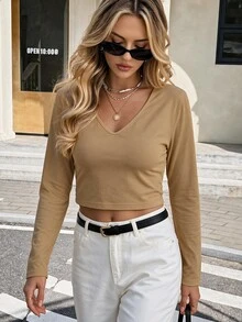 Cottnline Solid V Neck Crop Tee - Camel - View 2