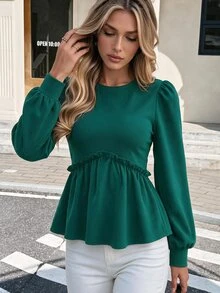 EURMUSE Lantern Sleeve Frill Trim Peplum Blouse - Dark Green - View 3