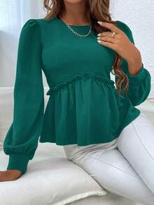EURMUSE Lantern Sleeve Frill Trim Peplum Blouse - Dark Green - View 8