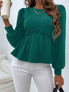 EURMUSE Lantern Sleeve Frill Trim Peplum Blouse - Dark Green - View 7