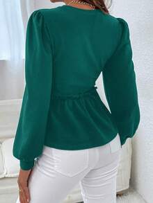 EURMUSE Lantern Sleeve Frill Trim Peplum Blouse - Dark Green - View 2