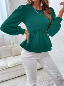 EURMUSE Lantern Sleeve Frill Trim Peplum Blouse - Dark Green - View 5