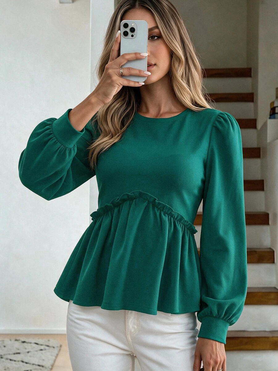 EURMUSE Lantern Sleeve Frill Trim Peplum Blouse - Dark Green - View 1