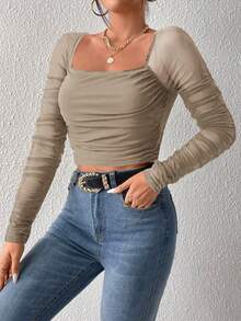 EURMUSE Square Neck Ruched Mesh Sleeve Crop Top - Apricot - View 3