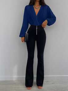 EURMUSE Solid Plunging Neck Lantern Sleeve Blouse - Dusty Blue - View 5
