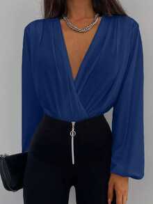EURMUSE Solid Plunging Neck Lantern Sleeve Blouse - Dusty Blue - View 7