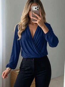 EURMUSE Solid Plunging Neck Lantern Sleeve Blouse - Dusty Blue - View 3