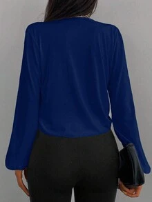 EURMUSE Solid Plunging Neck Lantern Sleeve Blouse - Dusty Blue - View 2