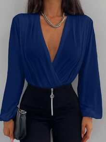 EURMUSE Solid Plunging Neck Lantern Sleeve Blouse - Dusty Blue - View 4