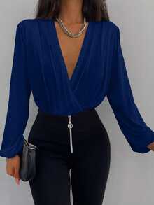 EURMUSE Solid Plunging Neck Lantern Sleeve Blouse - Dusty Blue - View 9
