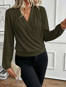 EURMUSE Solid Plunging Neck Lantern Sleeve Wrap Detail Blouse - Army Green - View 5
