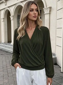 EURMUSE Solid Plunging Neck Lantern Sleeve Wrap Detail Blouse - Army Green - View 7