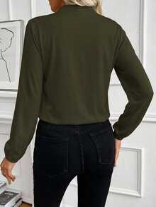 EURMUSE Solid Plunging Neck Lantern Sleeve Wrap Detail Blouse - Army Green - View 2